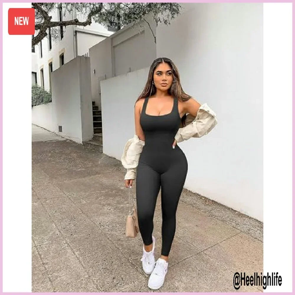 Seamless Ribbed Jumpsuit Yoga Workout Bodycon Romper - Picture 3 of 7